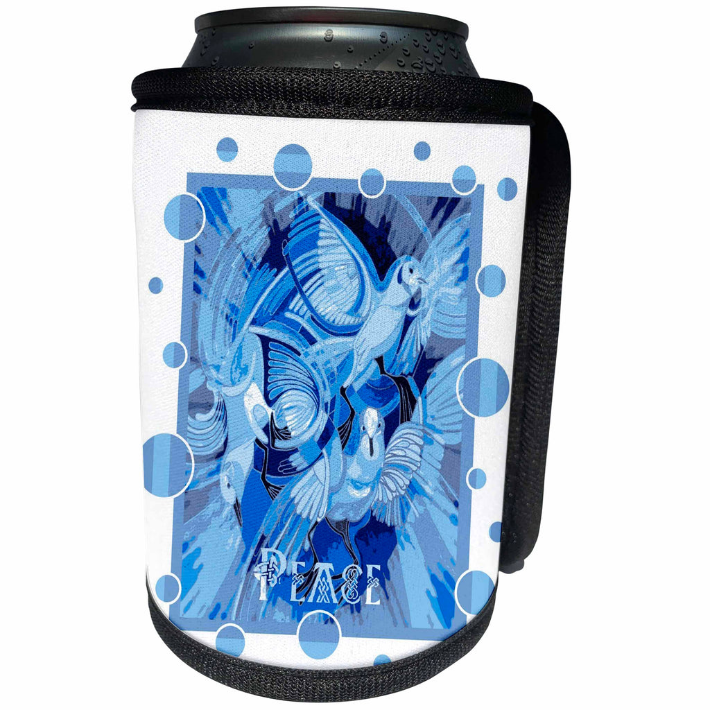 3dRose Taiche - Acrylic Painting - Peace Doves - Dove With Celtic Peace Text In Blue Tones - Can Cooler Bottle Wrap (cc_273656)
