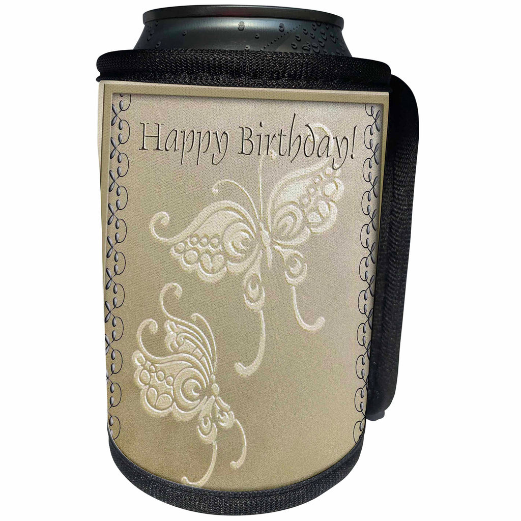 3dRose Beverly Turner Birthday Design - Golden Butterflies Happy Birthday - Can Cooler Bottle Wrap (cc_27371)