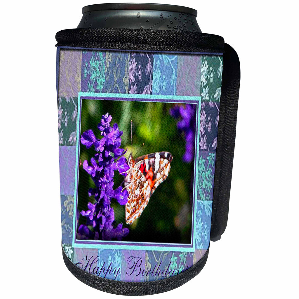 3dRose Beverly Turner Birthday Photography - Skipper Butterfly Happy Birthday - Can Cooler Bottle Wrap (cc_27373)