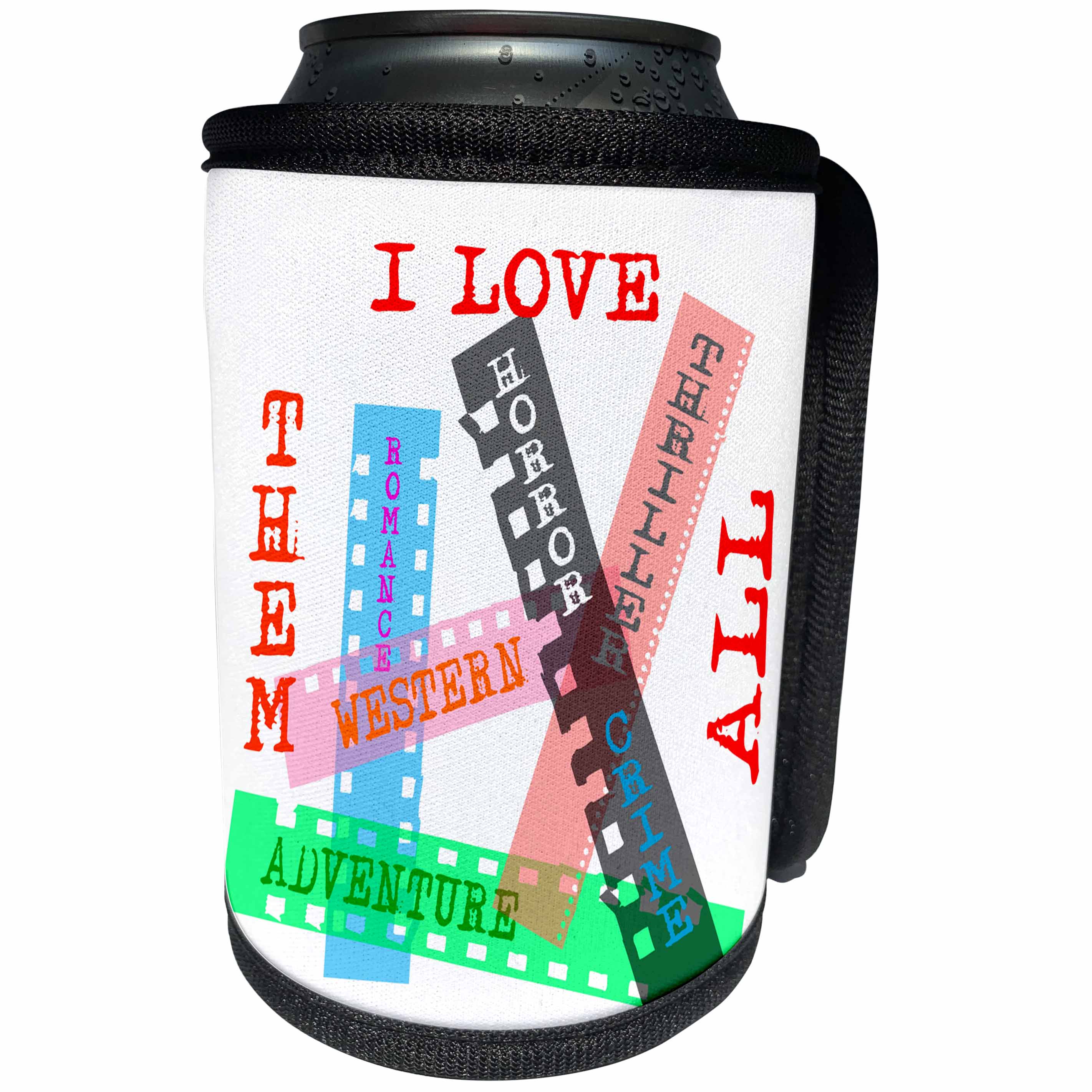 3dRose Alexis Design - Positive - Film Genres titles on color films. I love them all on white - Can Cooler Bottle Wrap (cc_273743)