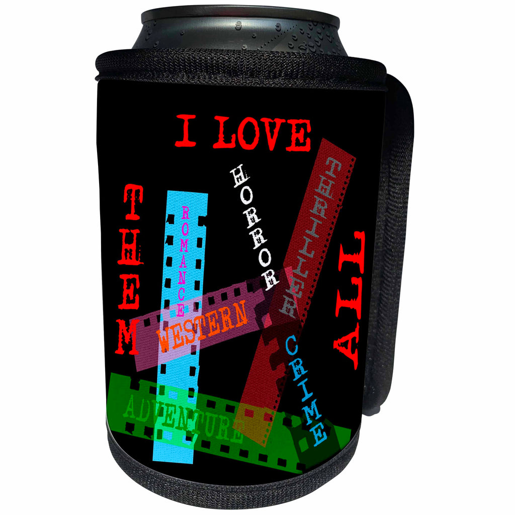3dRose Alexis Design - Positive - Film Genres titles on color films. I love them all on black - Can Cooler Bottle Wrap (cc_273744)
