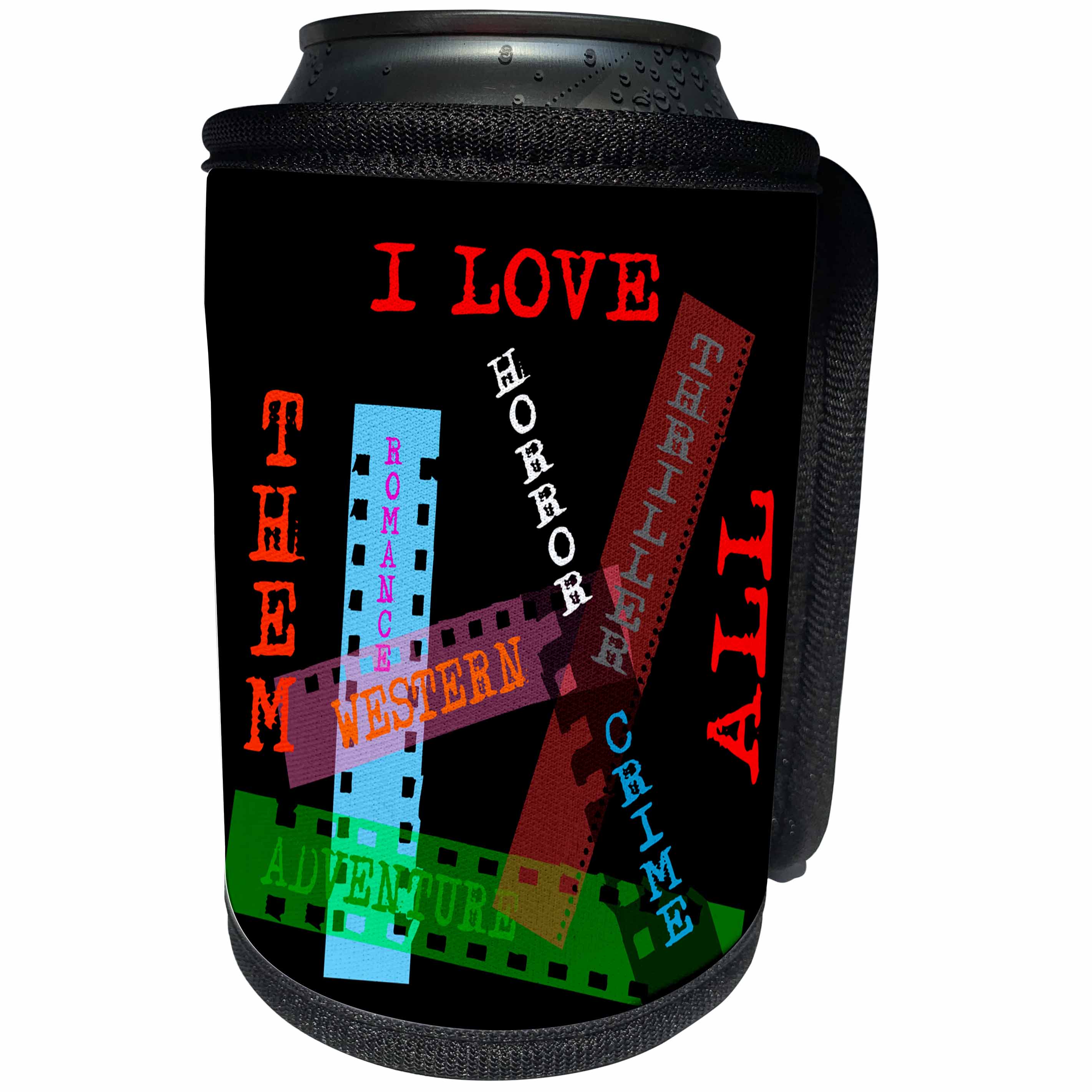 3dRose Alexis Design - Positive - Film Genres titles on color films. I love them all on black - Can Cooler Bottle Wrap (cc_273744)