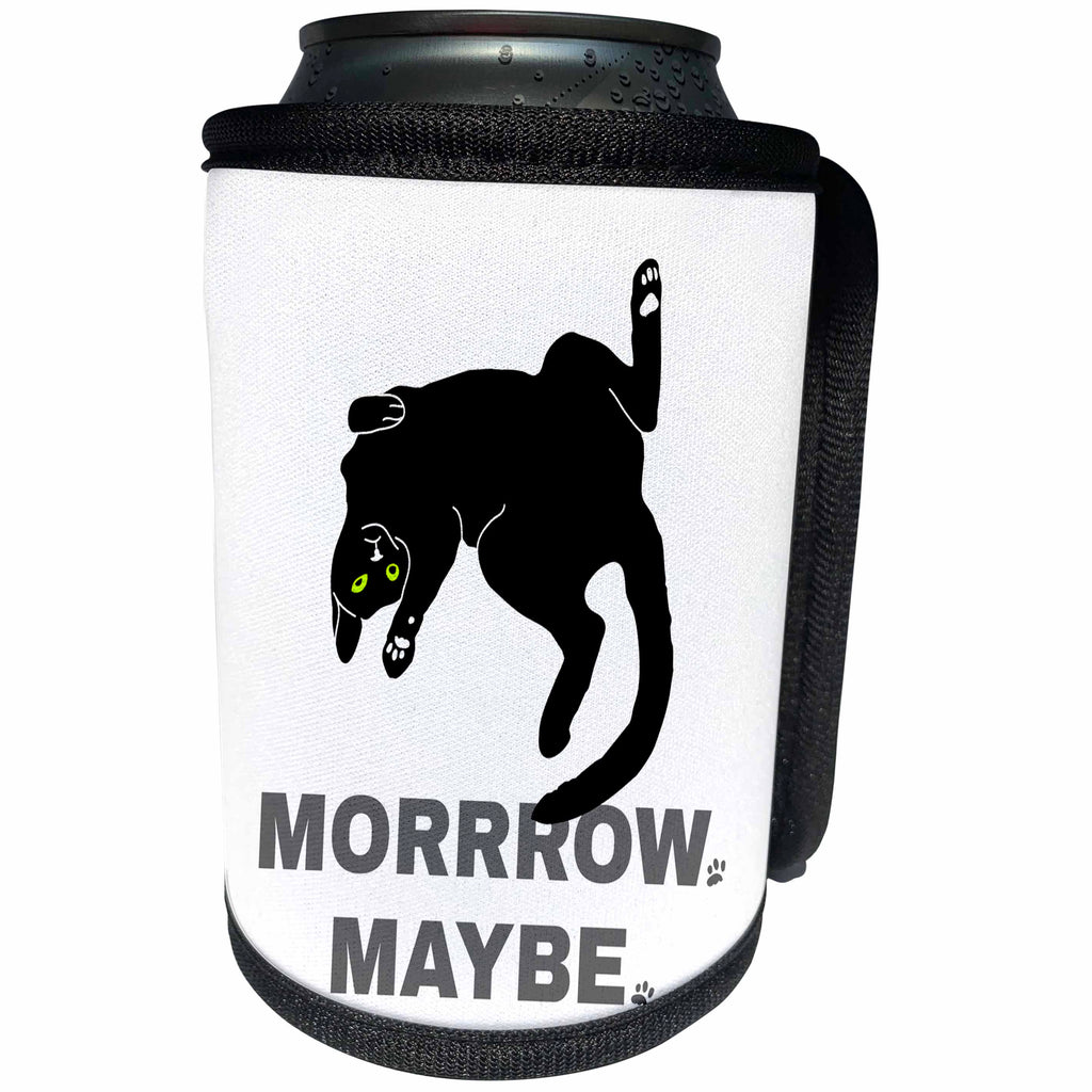 3dRose Alexis Design - Funny Cats - Funny lazy black cat with green eyes on white. Morrrow. Maybe. - Can Cooler Bottle Wrap (cc_273745)