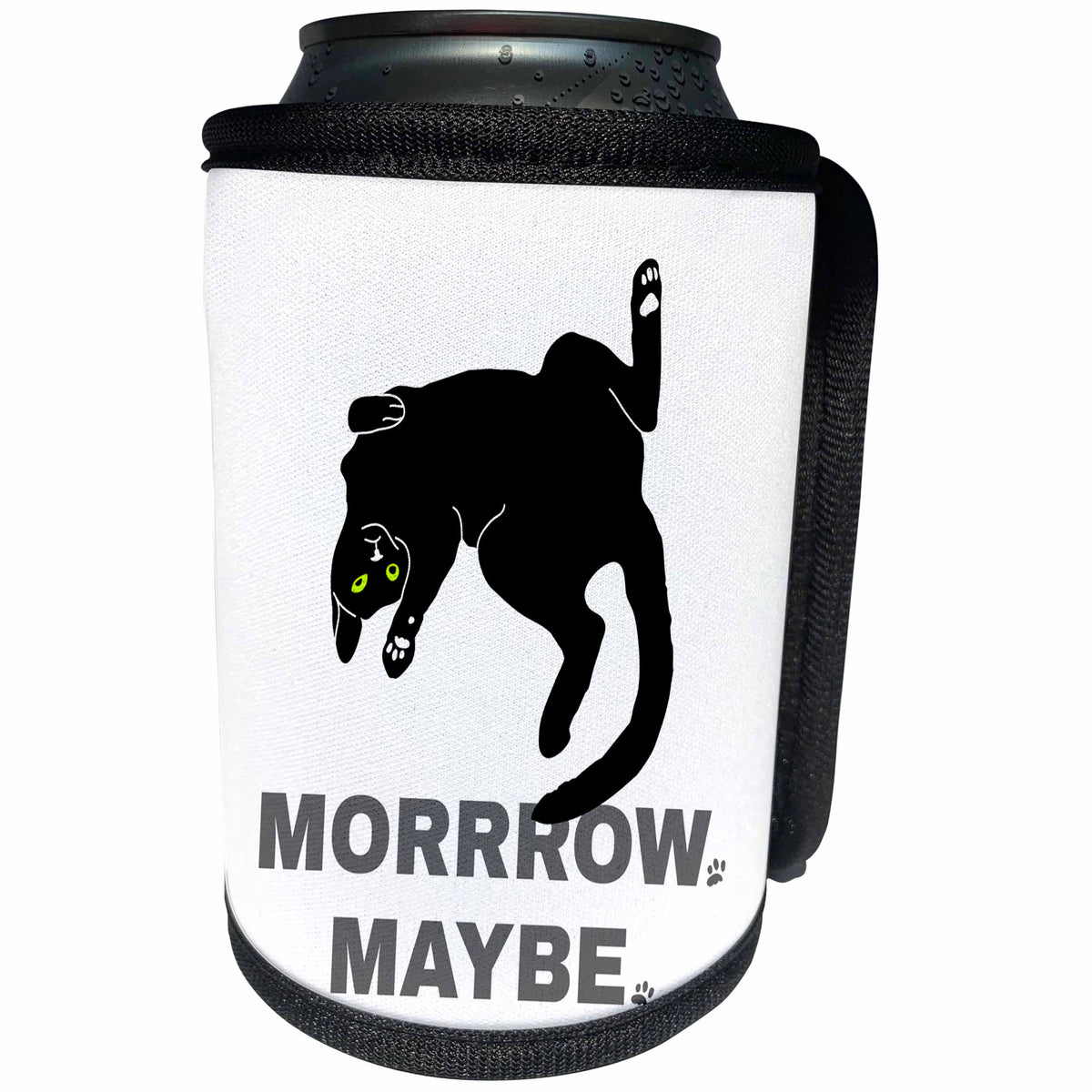 3dRose Alexis Design - Funny Cats - Funny lazy black cat with green eyes on white. Morrrow. Maybe. - Can Cooler Bottle Wrap (cc_273745)