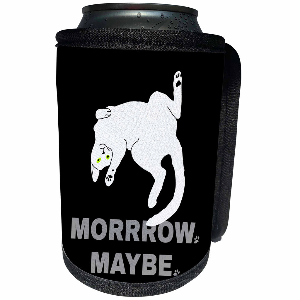 3dRose Alexis Design - Funny Cats - Funny lazy white cat with green eyes on black. Morrrow. Maybe. - Can Cooler Bottle Wrap (cc_273746)