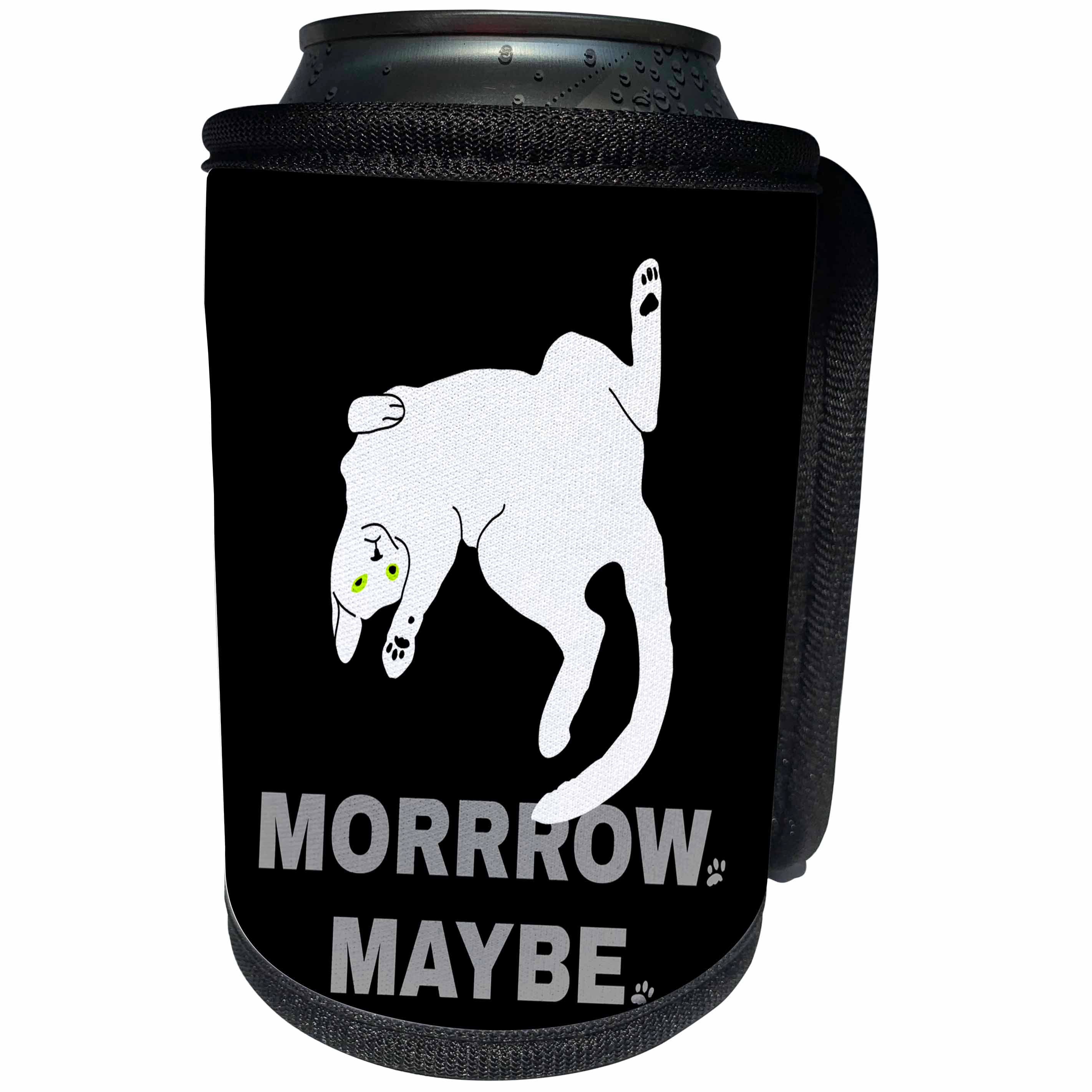 3dRose Alexis Design - Funny Cats - Funny lazy white cat with green eyes on black. Morrrow. Maybe. - Can Cooler Bottle Wrap (cc_273746)