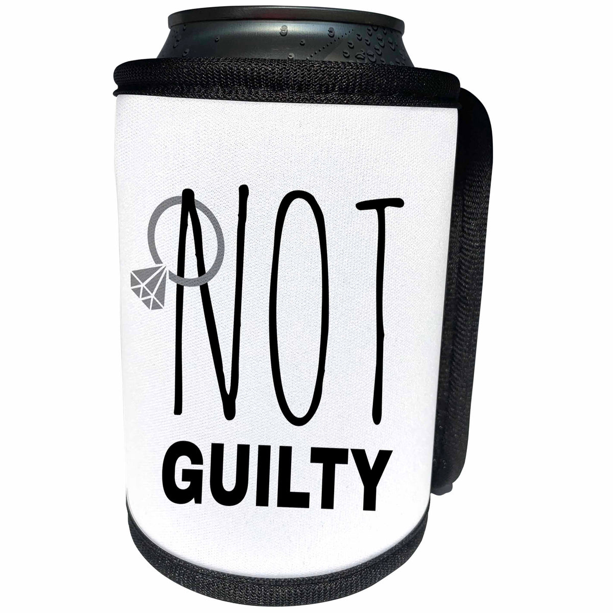 3dRose Alexis Design - Love - Black text Not guilty on white. Wedding ring hangs on the letter N - Can Cooler Bottle Wrap (cc_273747)