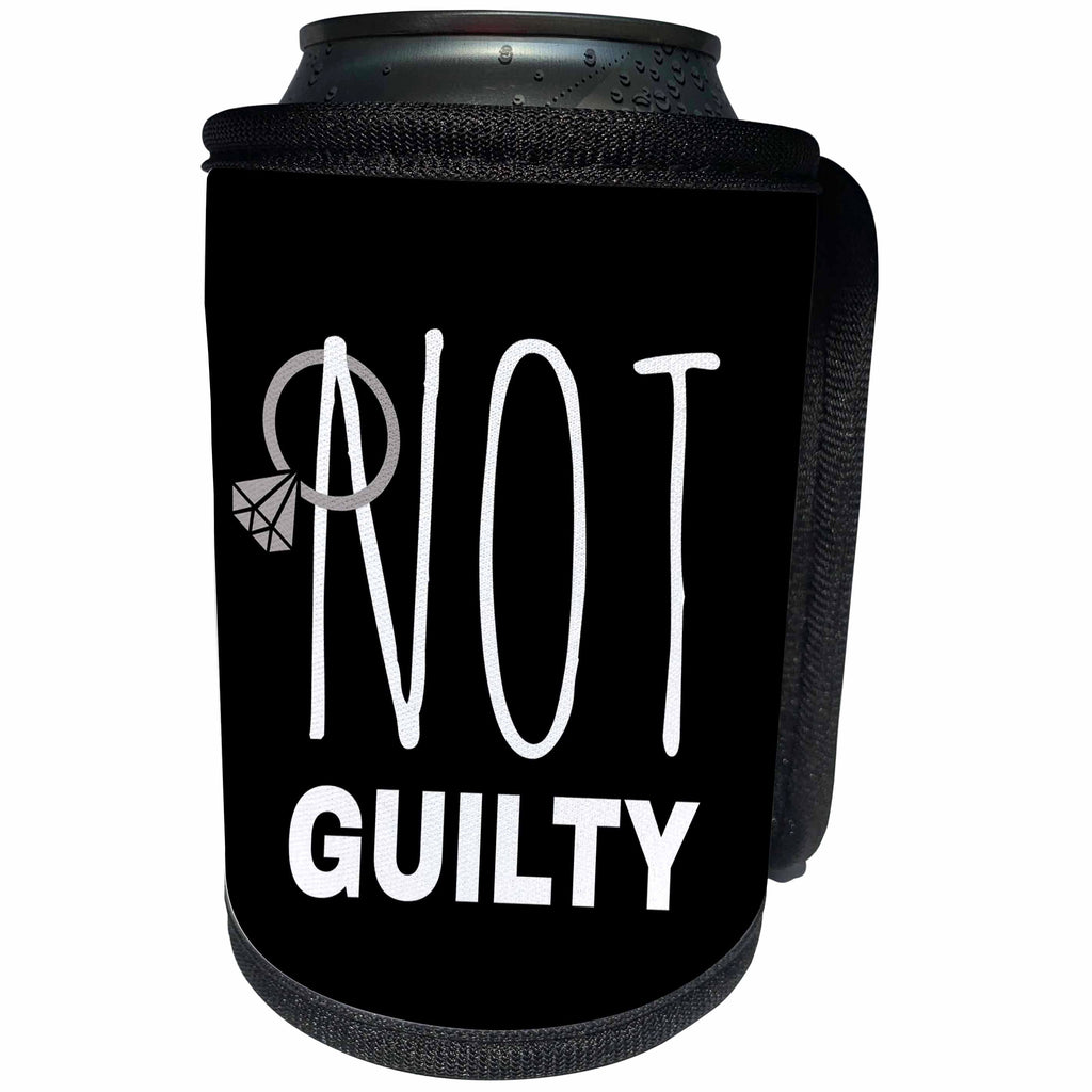 3dRose Alexis Design - Love - White text Not guilty on black. Wedding ring hangs on the letter N - Can Cooler Bottle Wrap (cc_273748)