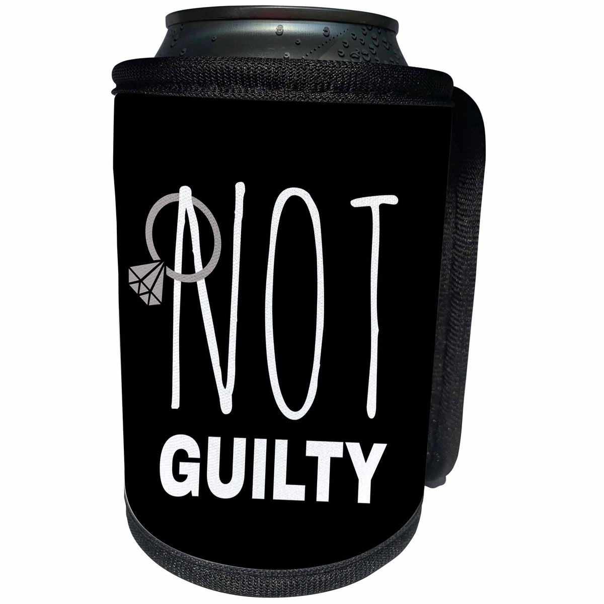 3dRose Alexis Design - Love - White text Not guilty on black. Wedding ring hangs on the letter N - Can Cooler Bottle Wrap (cc_273748)
