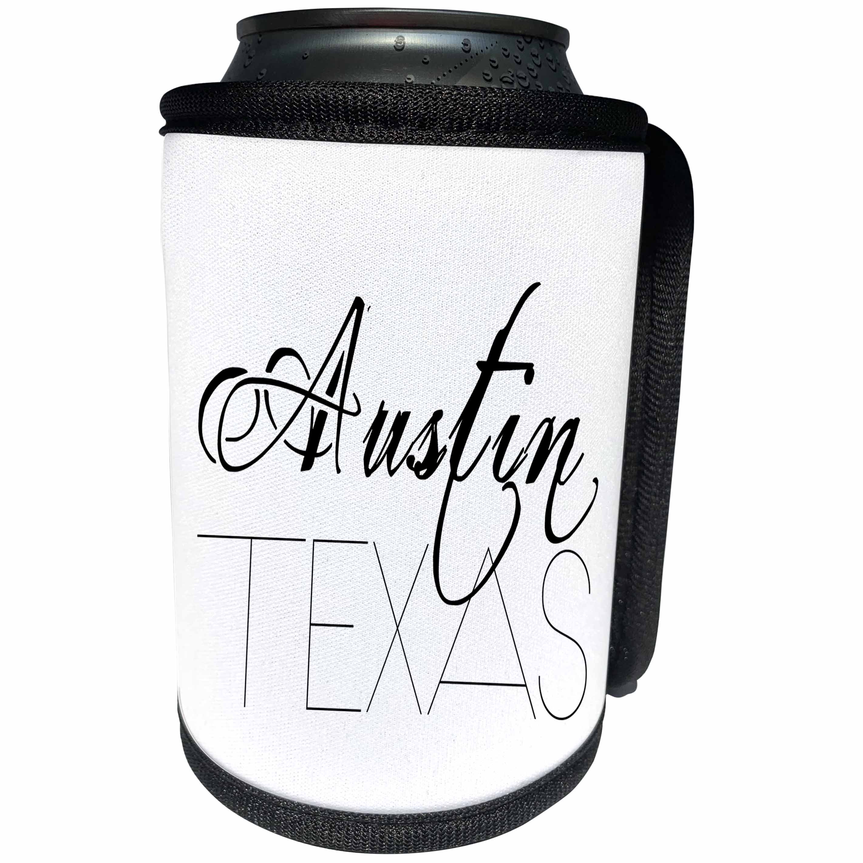 3dRose Alexis Design - American Cities - American Cities - Austin Texas black text on white background - Can Cooler Bottle Wrap (cc_273751)