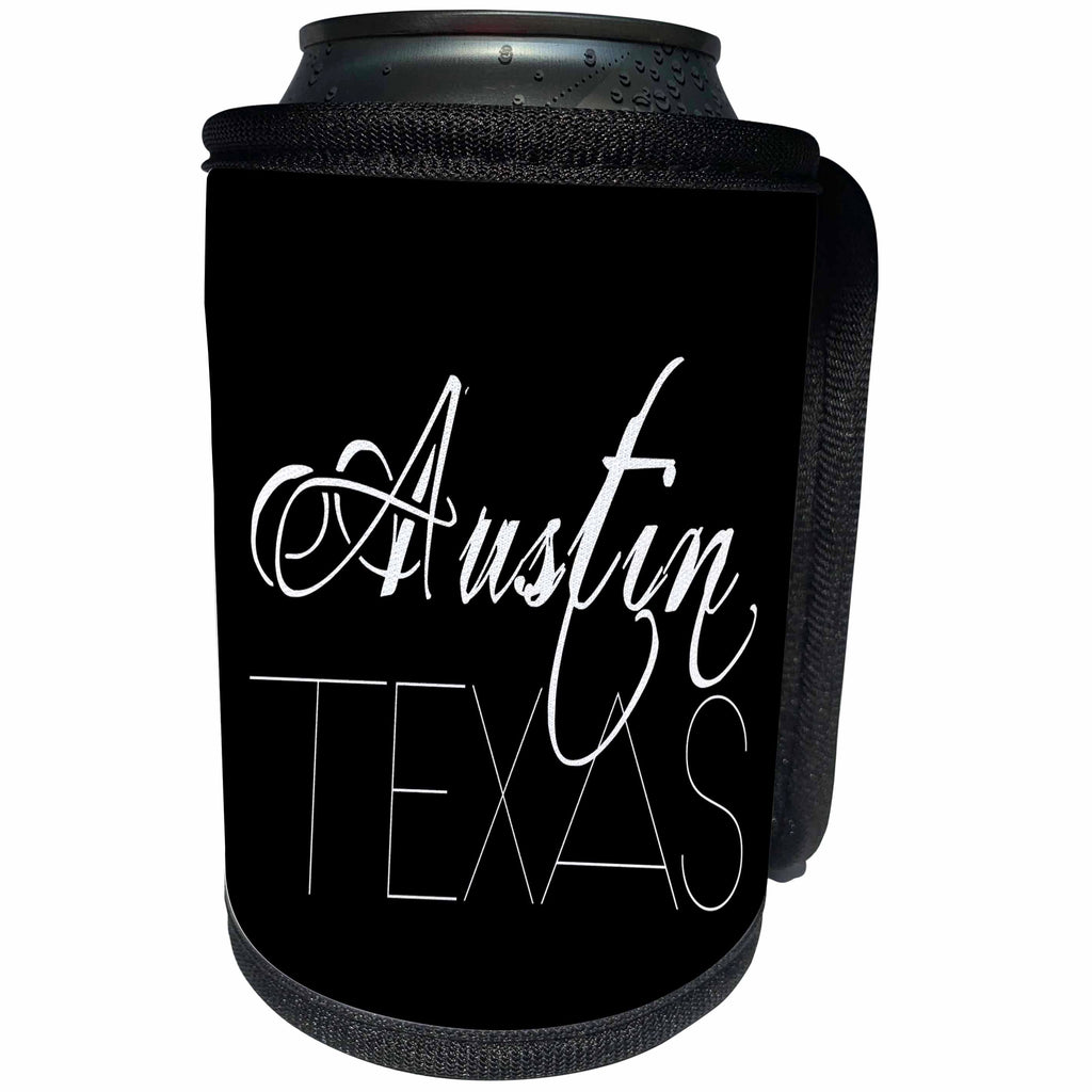 3dRose Alexis Design - American Cities - American Cities - Austin Texas white text on black background - Can Cooler Bottle Wrap (cc_273752)