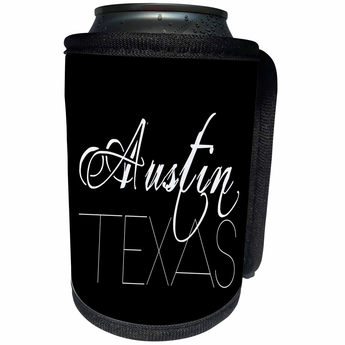 3dRose Alexis Design - American Cities - American Cities - Austin Texas white text on black background - Can Cooler Bottle Wrap (cc_273752)