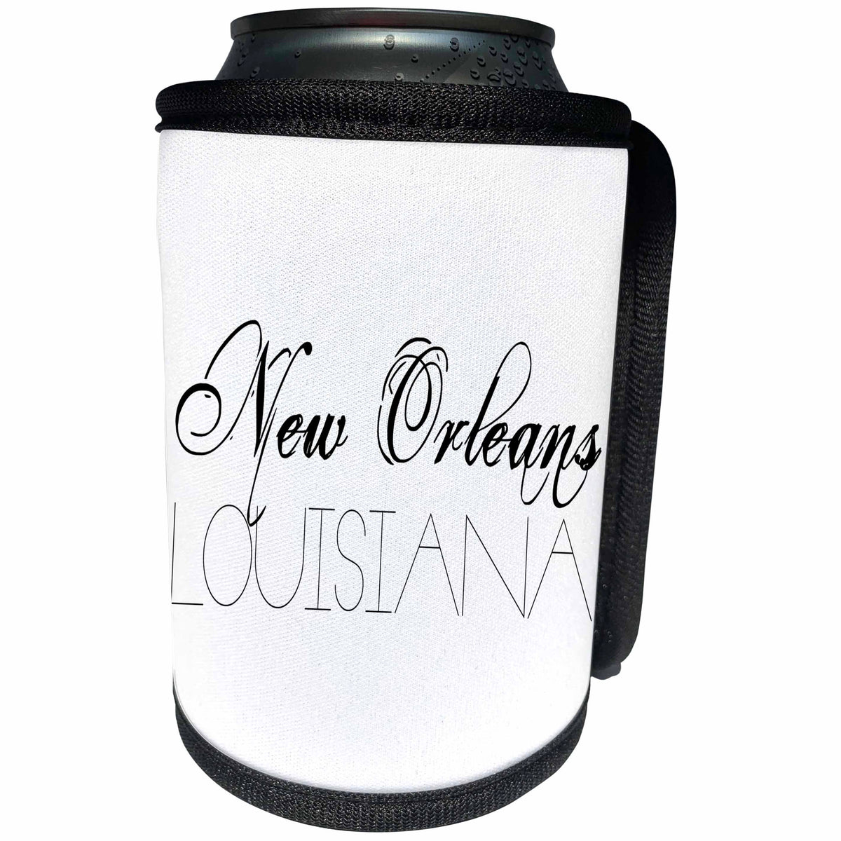3dRose Alexis Design - American Cities - American Cities - New Orleans Louisiana black text on white - Can Cooler Bottle Wrap (cc_273754)