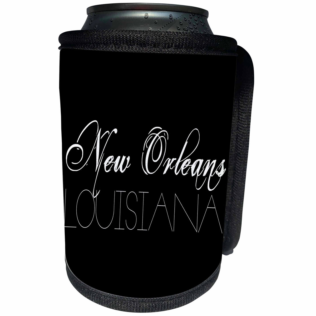 3dRose Alexis Design - American Cities - American Cities - New Orleans Louisiana white text on black - Can Cooler Bottle Wrap (cc_273755)