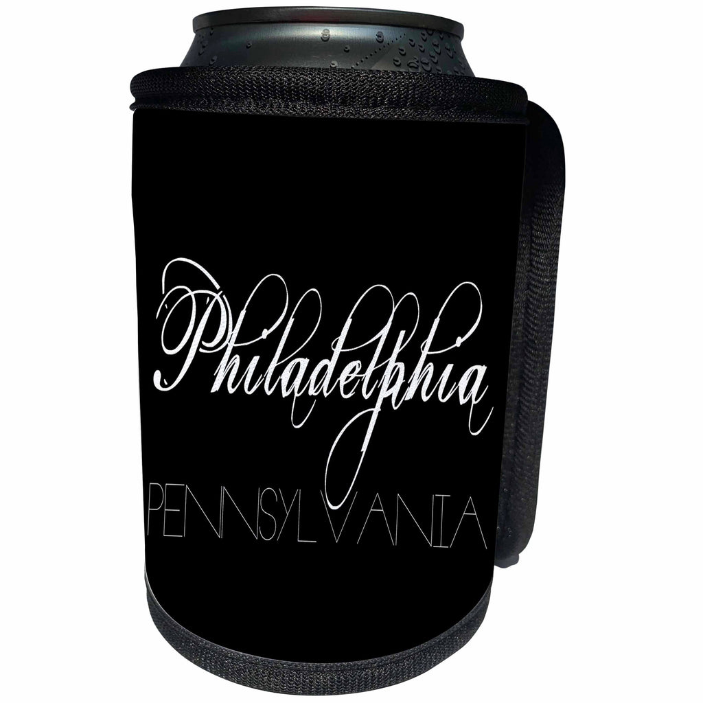 3dRose Alexis Design - American Cities - American Cities - Philadelphia Pennsylvania white text on black - Can Cooler Bottle Wrap (cc_273758)