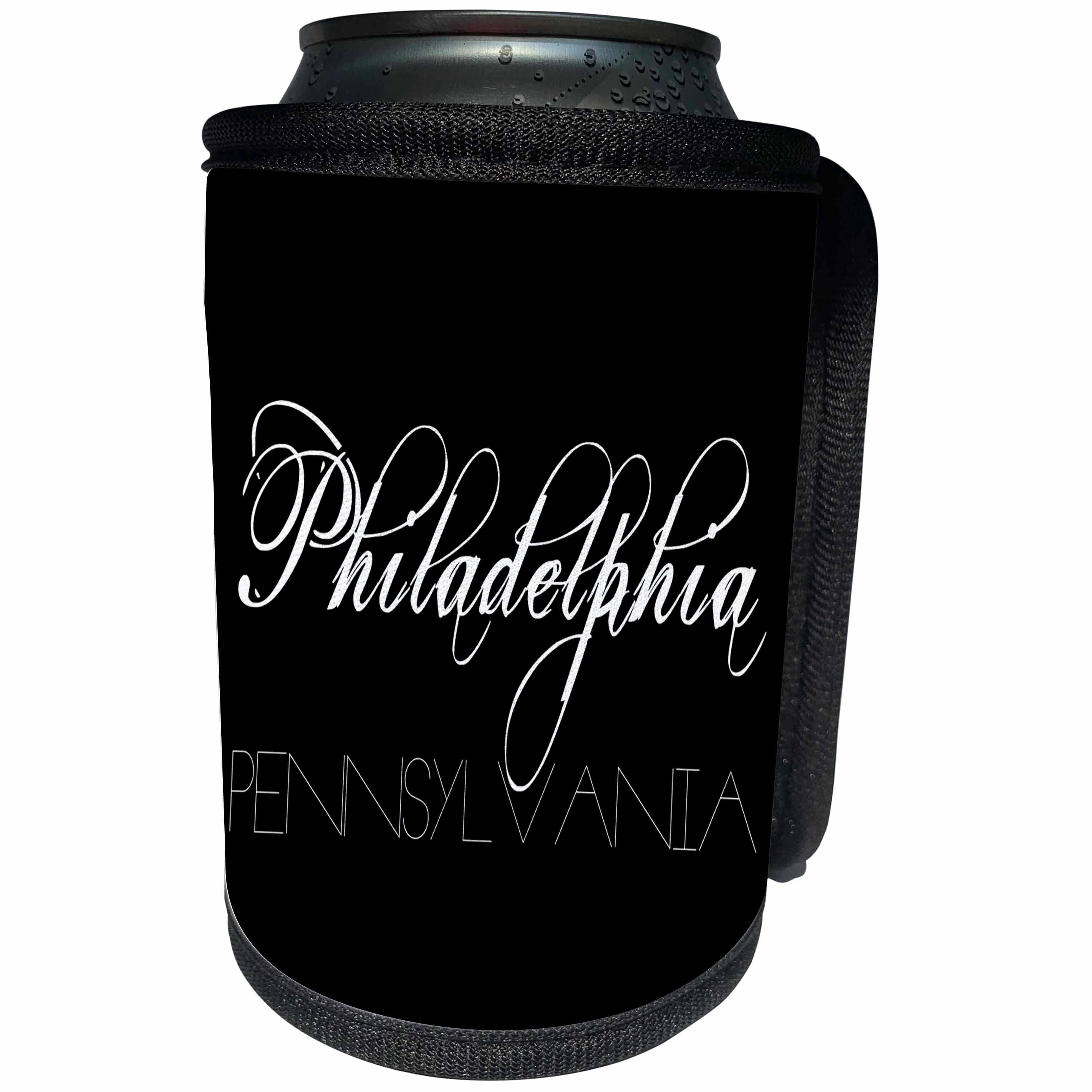3dRose Alexis Design - American Cities - American Cities - Philadelphia Pennsylvania white text on black - Can Cooler Bottle Wrap (cc_273758)