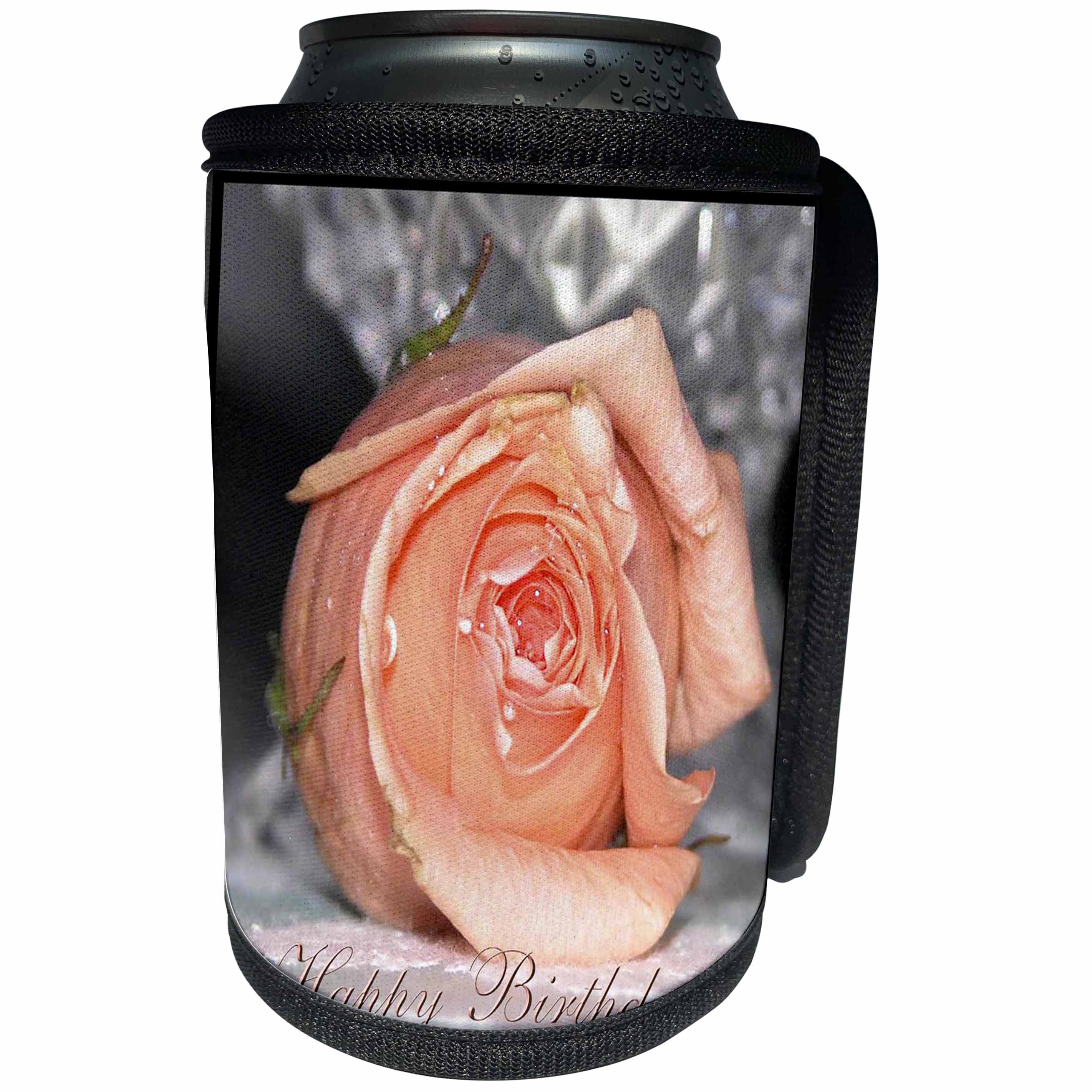 3dRose Beverly Turner Birthday Photography - Peach Rose with Vase Happy Birthday - Can Cooler Bottle Wrap (cc_27376)