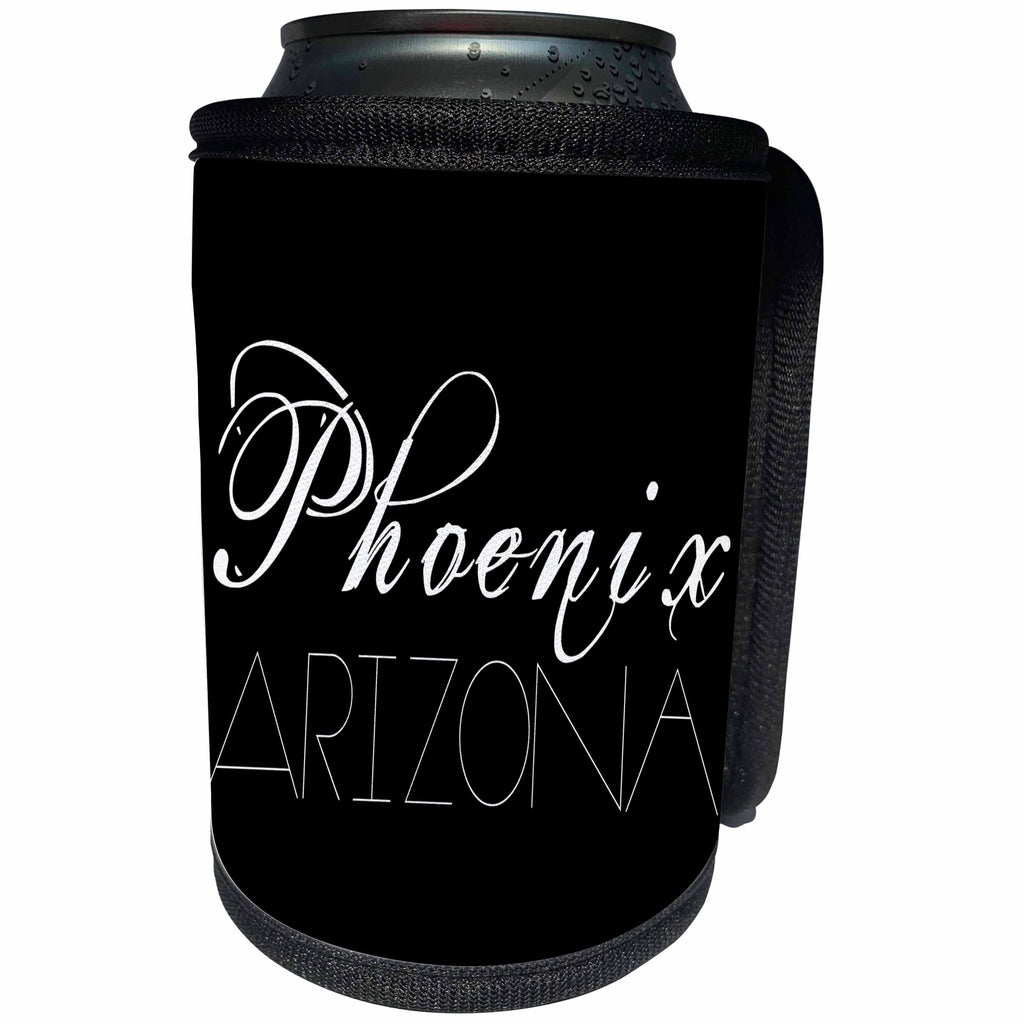 3dRose Alexis Design - American Cities - American Cities - Phoenix Arizona white text on black - Can Cooler Bottle Wrap (cc_273761)