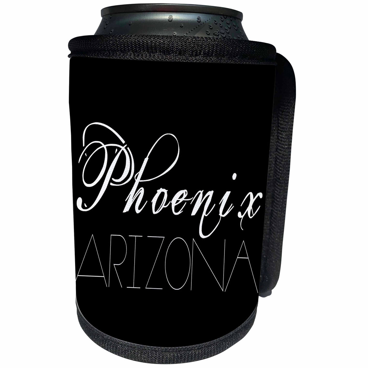 3dRose Alexis Design - American Cities - American Cities - Phoenix Arizona white text on black - Can Cooler Bottle Wrap (cc_273761)