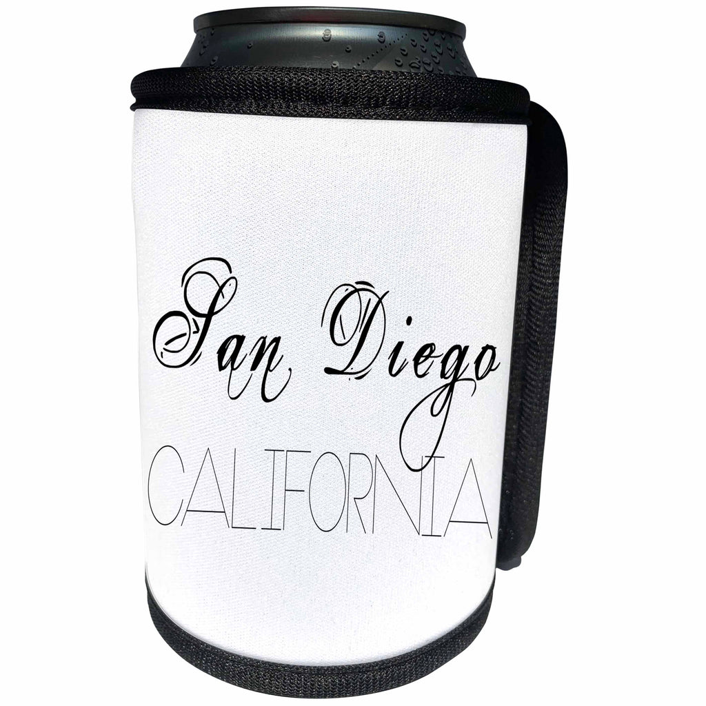 3dRose Alexis Design - American Cities - American Cities - San Diego California black text on white - Can Cooler Bottle Wrap (cc_273763)