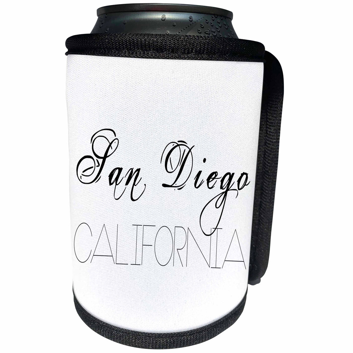 3dRose Alexis Design - American Cities - American Cities - San Diego California black text on white - Can Cooler Bottle Wrap (cc_273763)