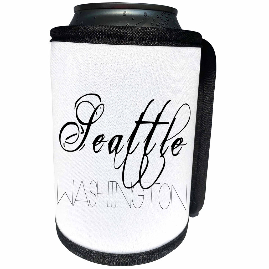 3dRose Alexis Design - American Cities - American Cities - Seattle Washington black text on white background - Can Cooler Bottle Wrap (cc_273766)
