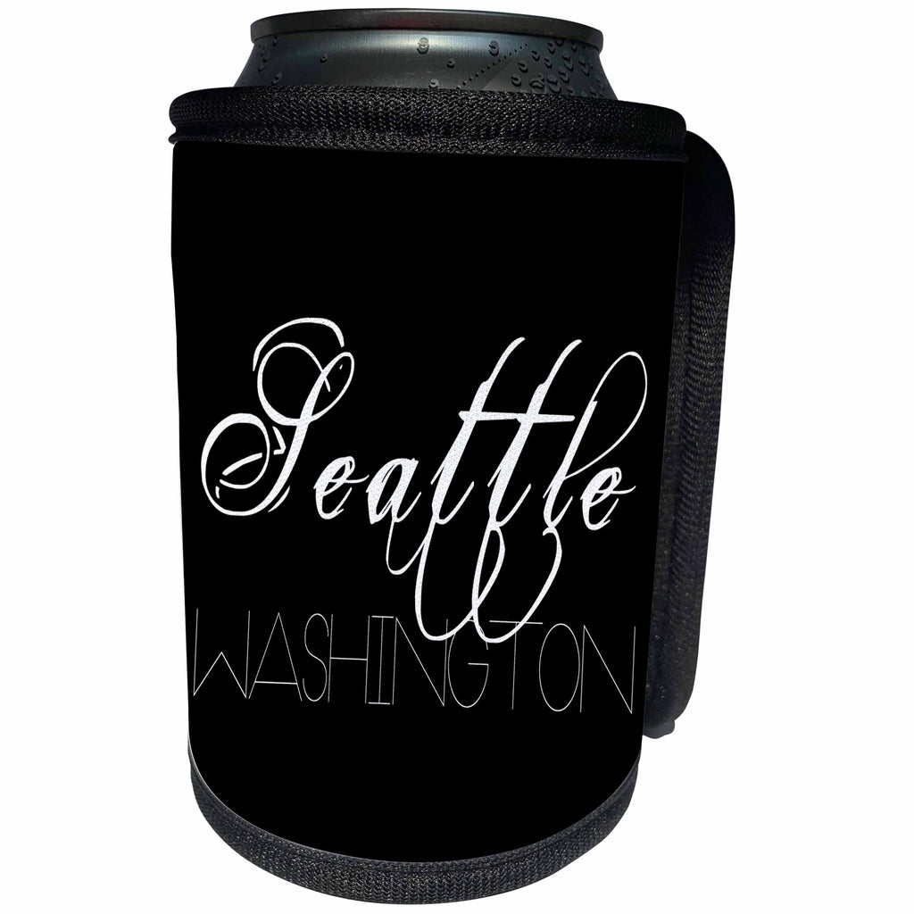 3dRose Alexis Design - American Cities - American Cities - Seattle Washington white text on black background - Can Cooler Bottle Wrap (cc_273767)