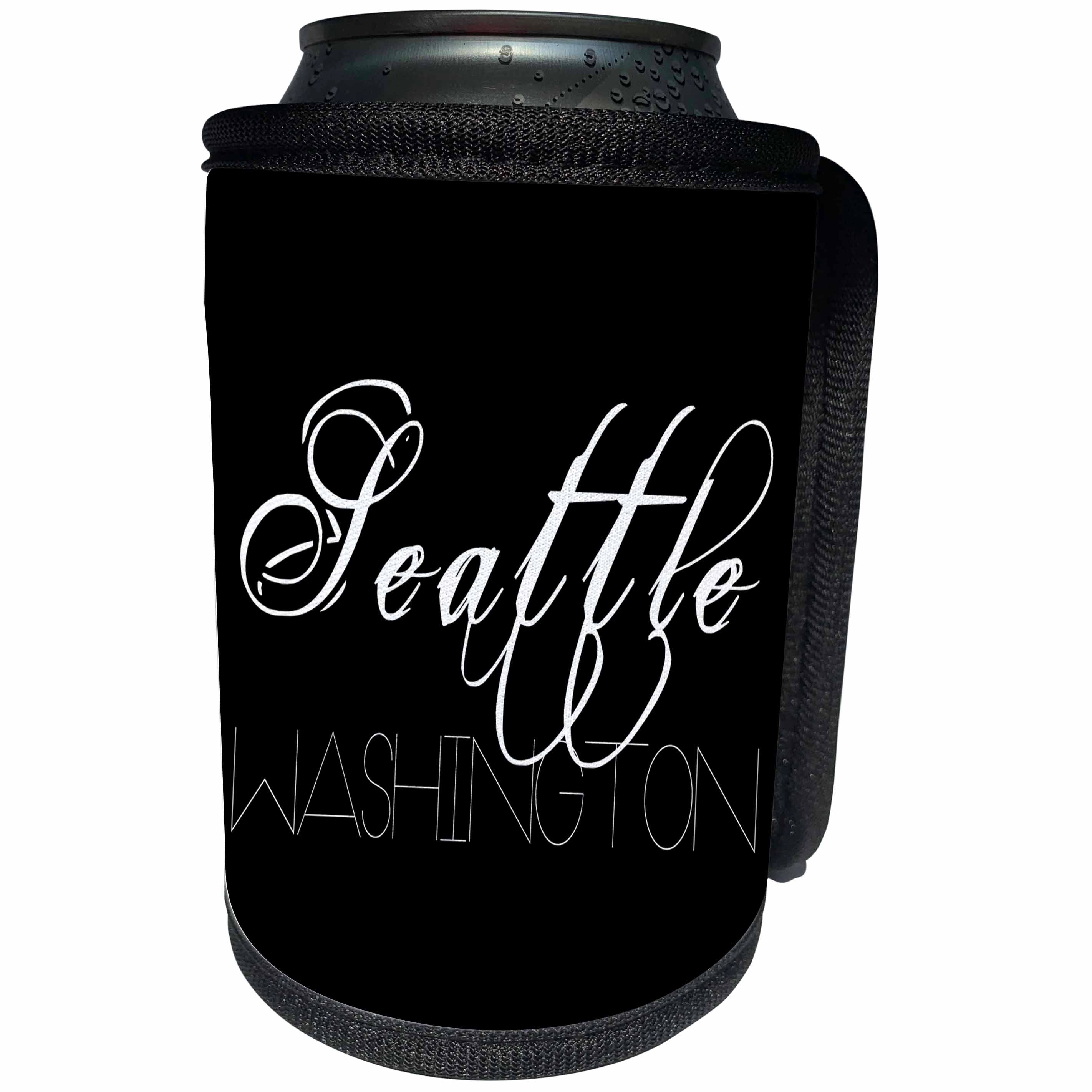 3dRose Alexis Design - American Cities - American Cities - Seattle Washington white text on black background - Can Cooler Bottle Wrap (cc_273767)