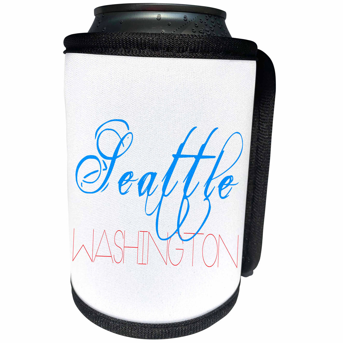 3dRose Alexis Design - American Cities - American Cities - Seattle Washington red and blue on white background - Can Cooler Bottle Wrap (cc_273768)
