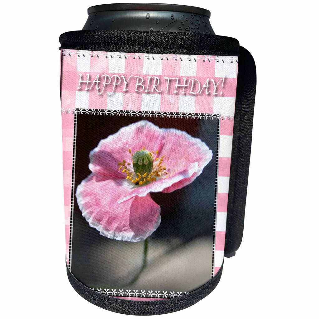 3dRose Beverly Turner Birthday Photography - Pink Poppy Flower Happy Birthday - Can Cooler Bottle Wrap (cc_27377)