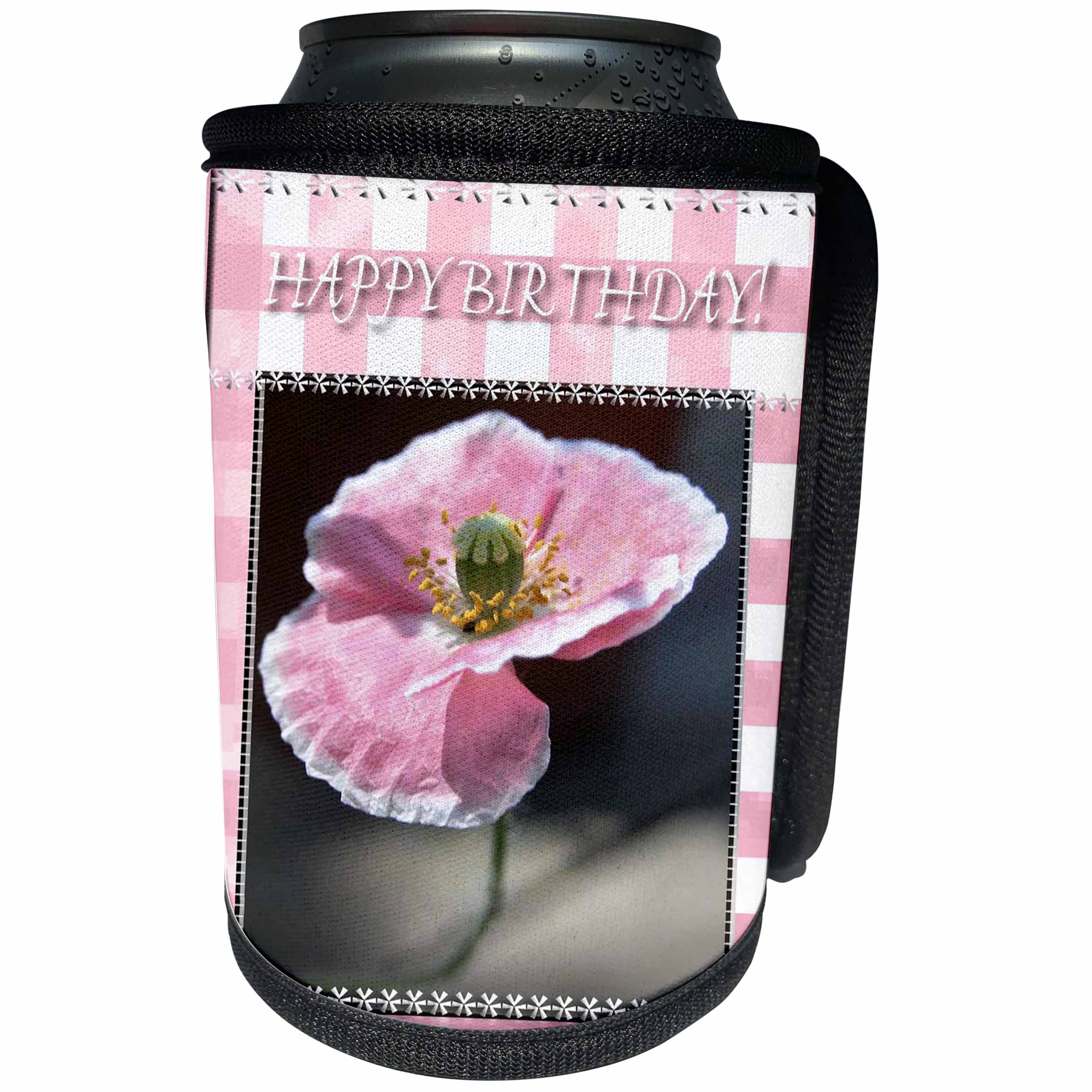 3dRose Beverly Turner Birthday Photography - Pink Poppy Flower Happy Birthday - Can Cooler Bottle Wrap (cc_27377)