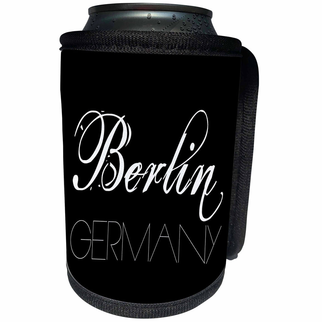 3dRose Alexis Design - Cities of the world - Cities Of The World - Berlin Germany white text on black background - Can Cooler Bottle Wrap (cc_273770)
