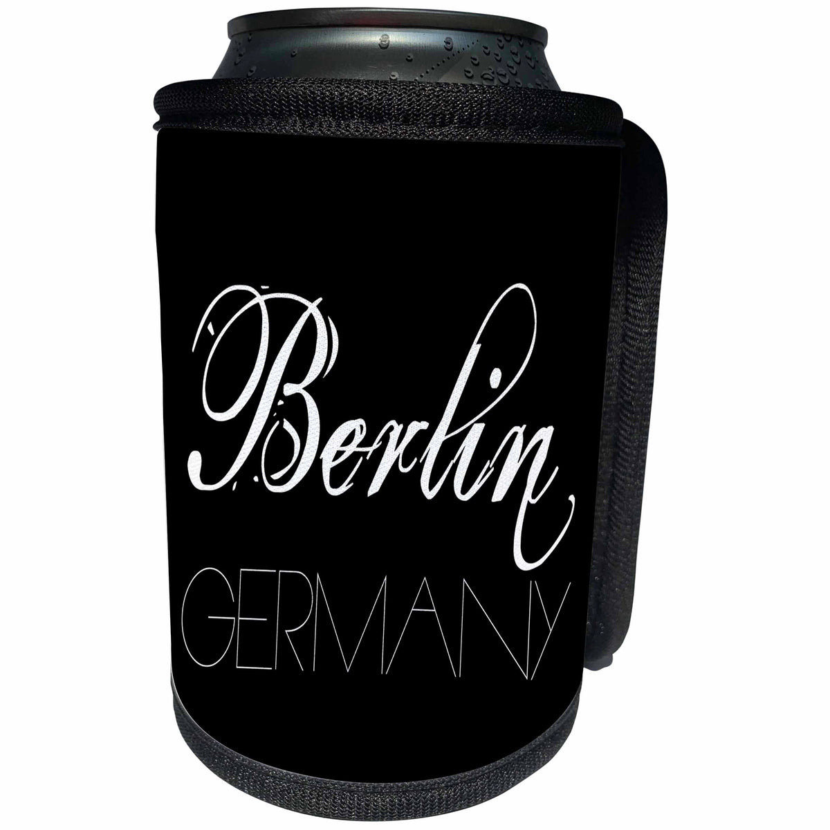 3dRose Alexis Design - Cities of the world - Cities Of The World - Berlin Germany white text on black background - Can Cooler Bottle Wrap (cc_273770)