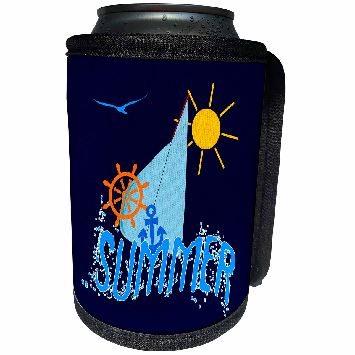3dRose Alexis Design - Beach, Sea, Surf - Sea, sailing theme illustration, text Summer, blue background - Can Cooler Bottle Wrap (cc_273809)
