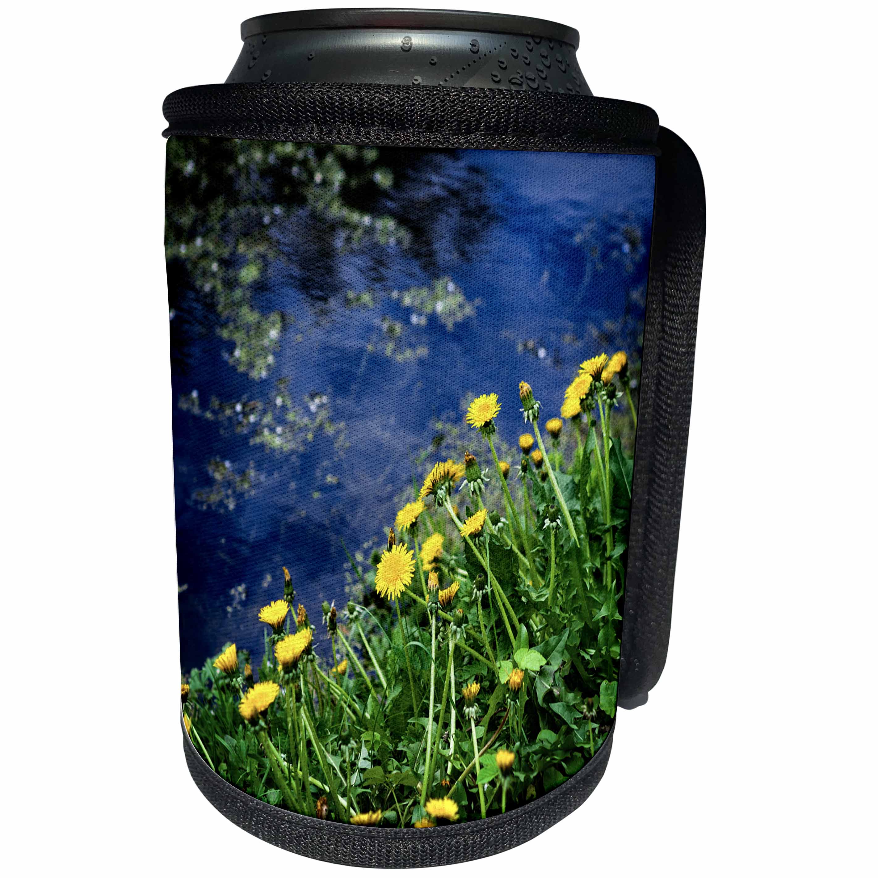 3dRose Alexis Photography - Flowers - Yellow dandelion flowers, green grass by the blue water - Can Cooler Bottle Wrap (cc_273825)