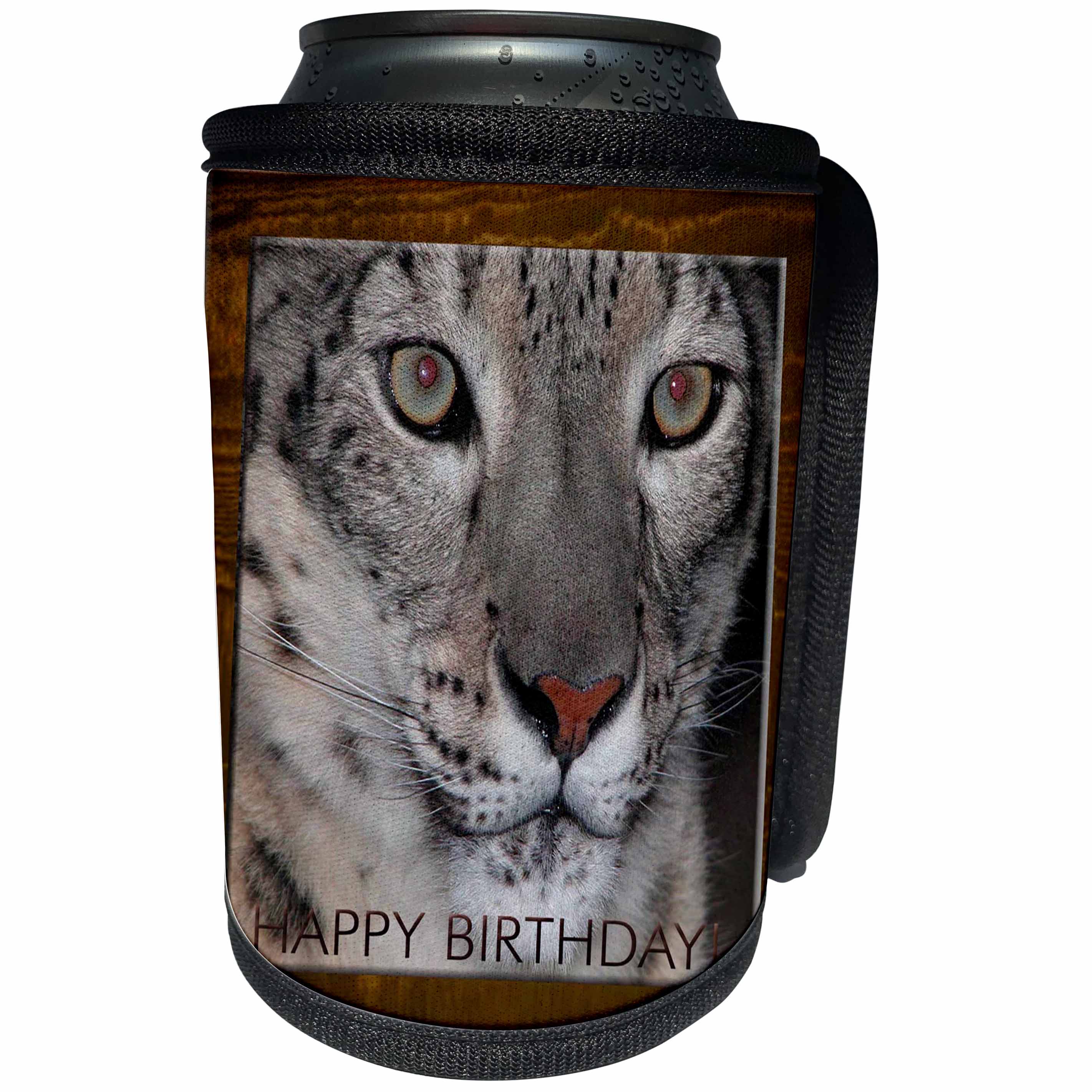 3dRose Beverly Turner Birthday Photography - Snow Leopard Happy Birthday - Can Cooler Bottle Wrap (cc_27383)