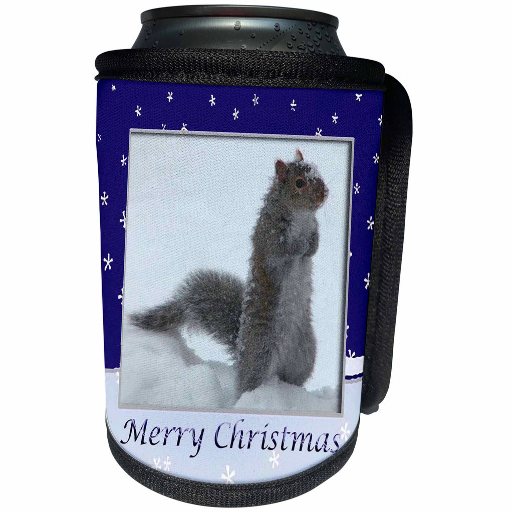 3dRose Beverly Turner Christmas Photography - Snowy Squirrel Merry Christmas - Can Cooler Bottle Wrap (cc_27384)