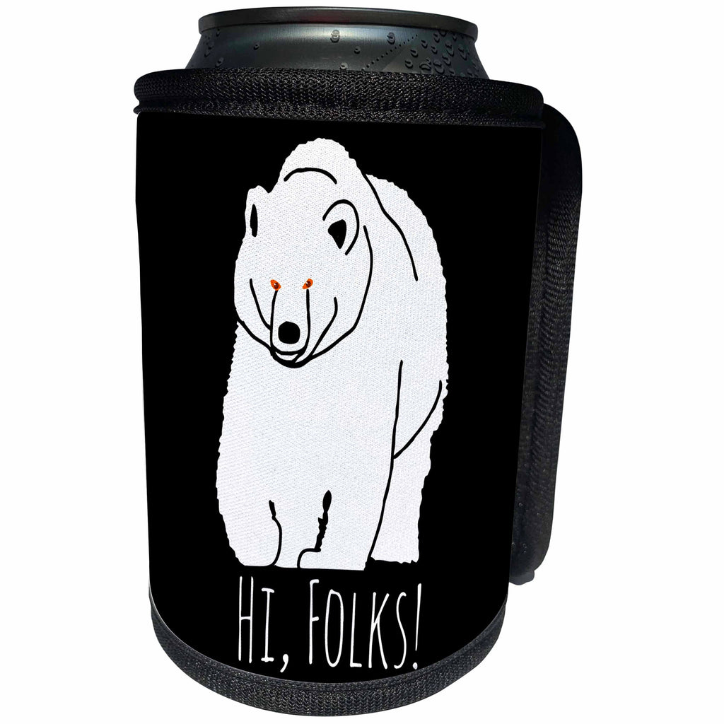 3dRose Alexis Design - Fauna Bear - White silhouette of a bear on black, the text Hi, Folks - Can Cooler Bottle Wrap (cc_273868)