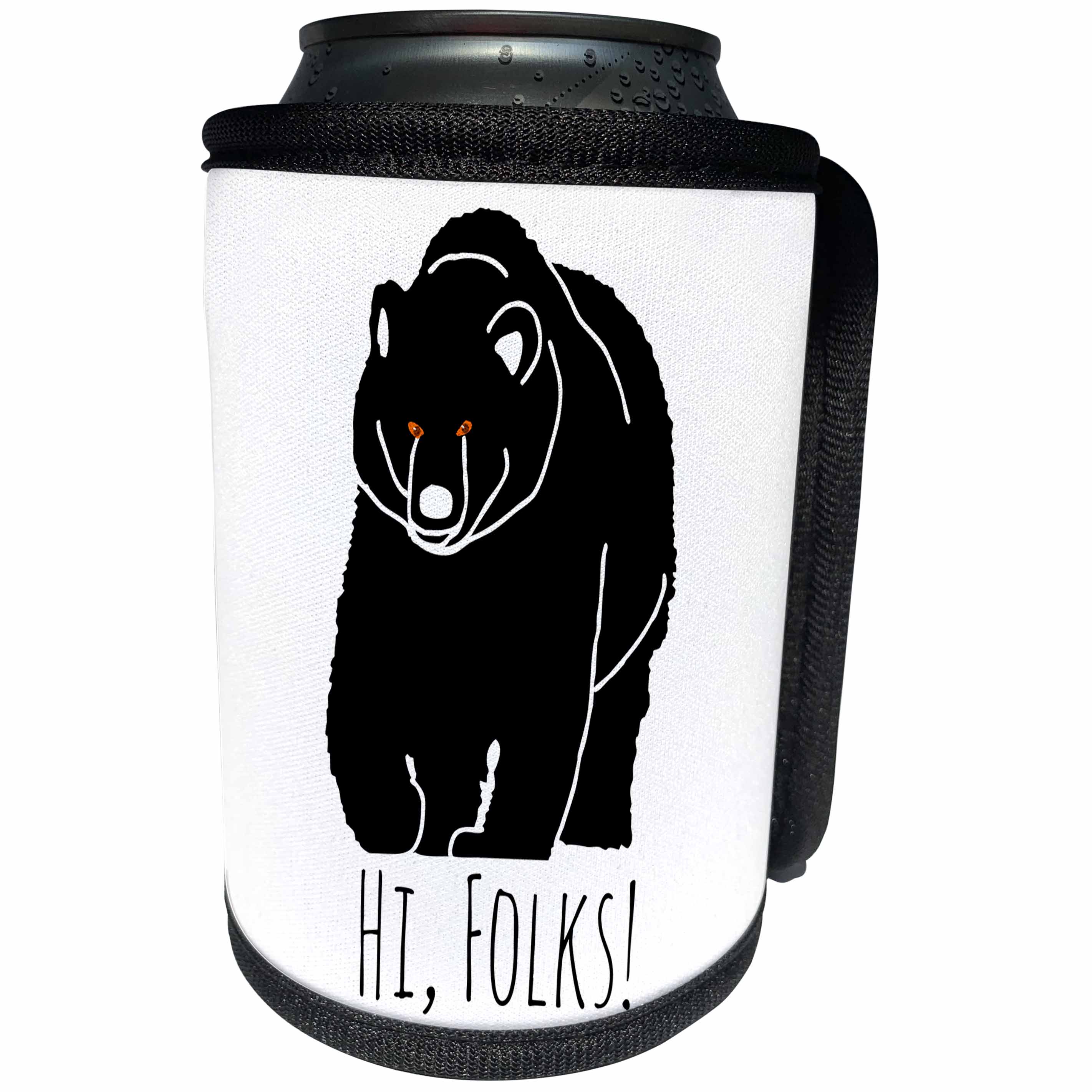 3dRose Alexis Design - Fauna Bear - Black silhouette of a bear on white background, the text Hi, Folks - Can Cooler Bottle Wrap (cc_273869)
