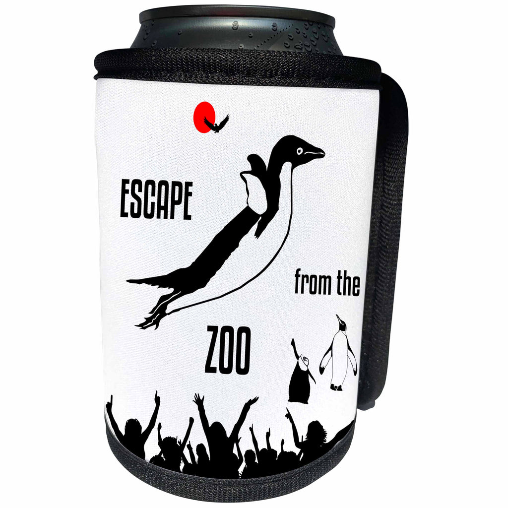 3dRose Alexis Design - Funny Penguin - Funny penguin bird in flight - Escape from the Zoo - Can Cooler Bottle Wrap (cc_273872)
