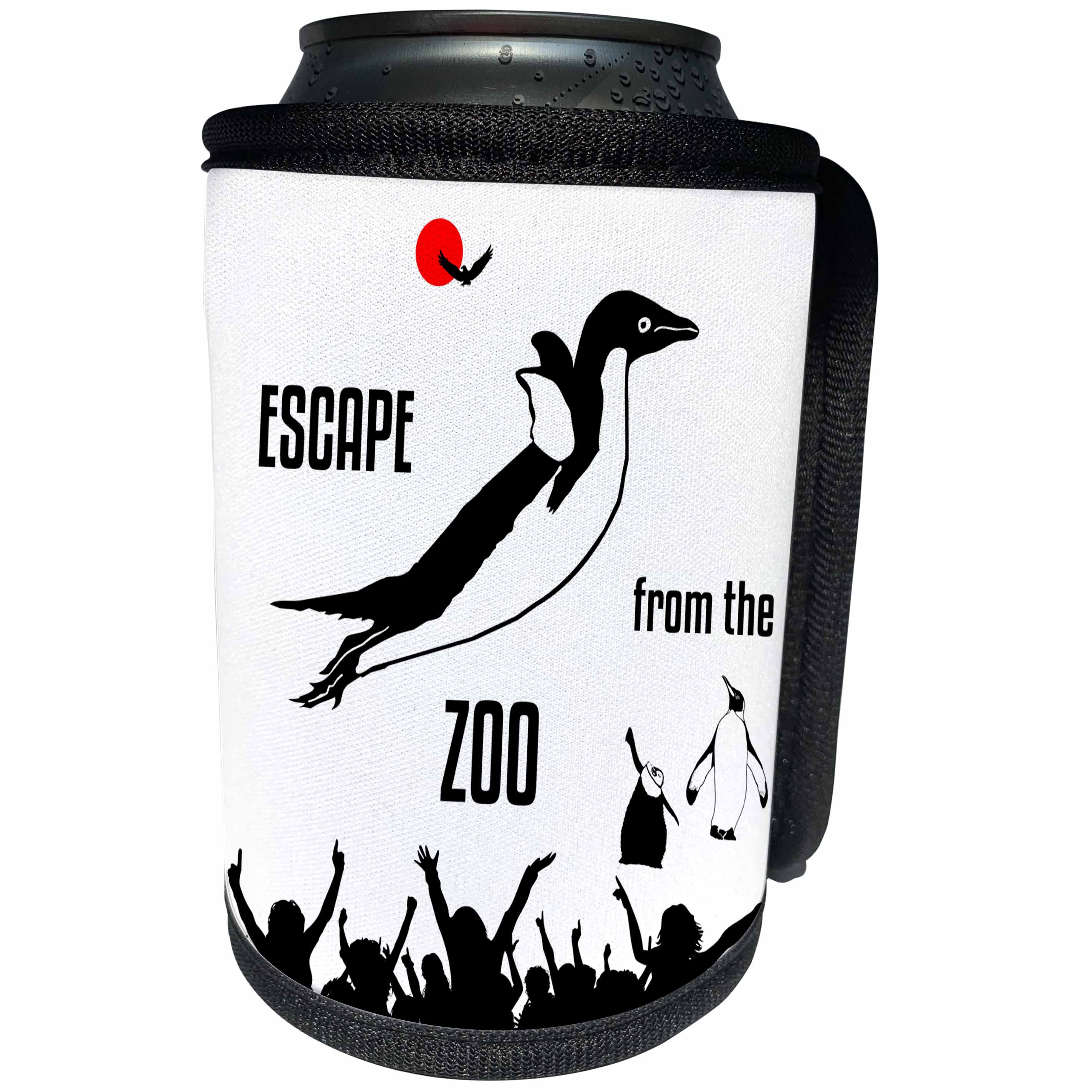 3dRose Alexis Design - Funny Penguin - Funny penguin bird in flight - Escape from the Zoo - Can Cooler Bottle Wrap (cc_273872)