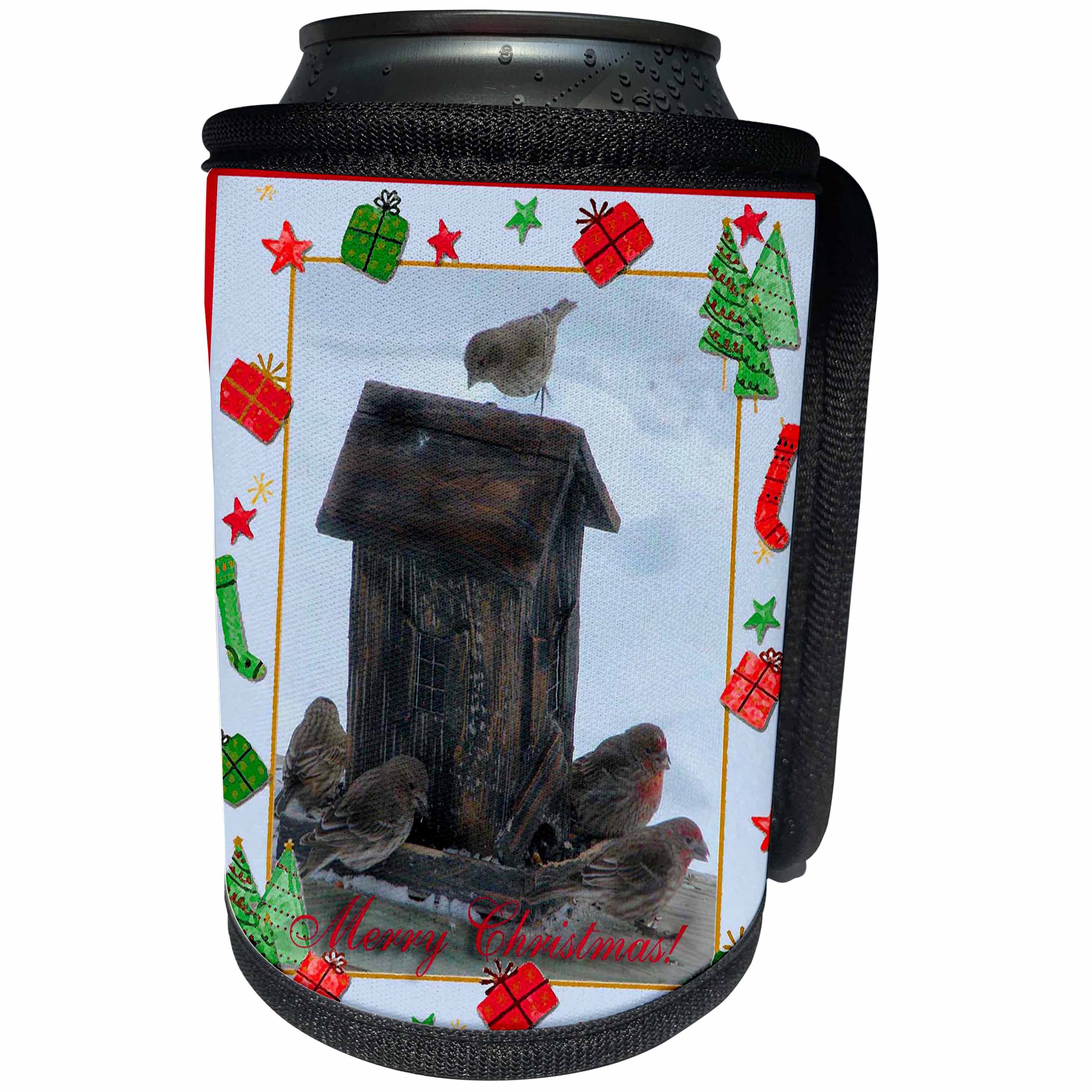 3dRose Beverly Turner Christmas Photography - Finch Family Merry Christmas - Can Cooler Bottle Wrap (cc_27388)
