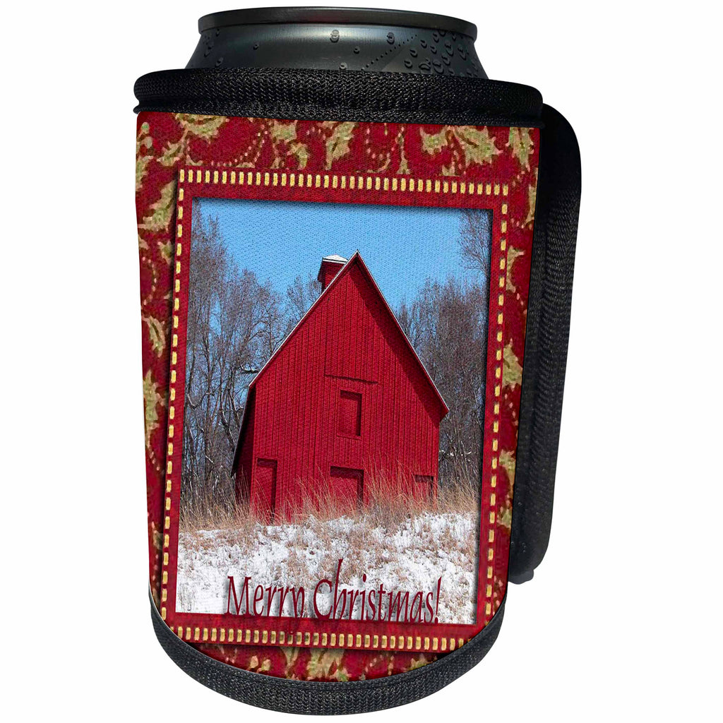 3dRose Beverly Turner Christmas Photography - Red Barn Merry Christmas - Can Cooler Bottle Wrap (cc_27389)
