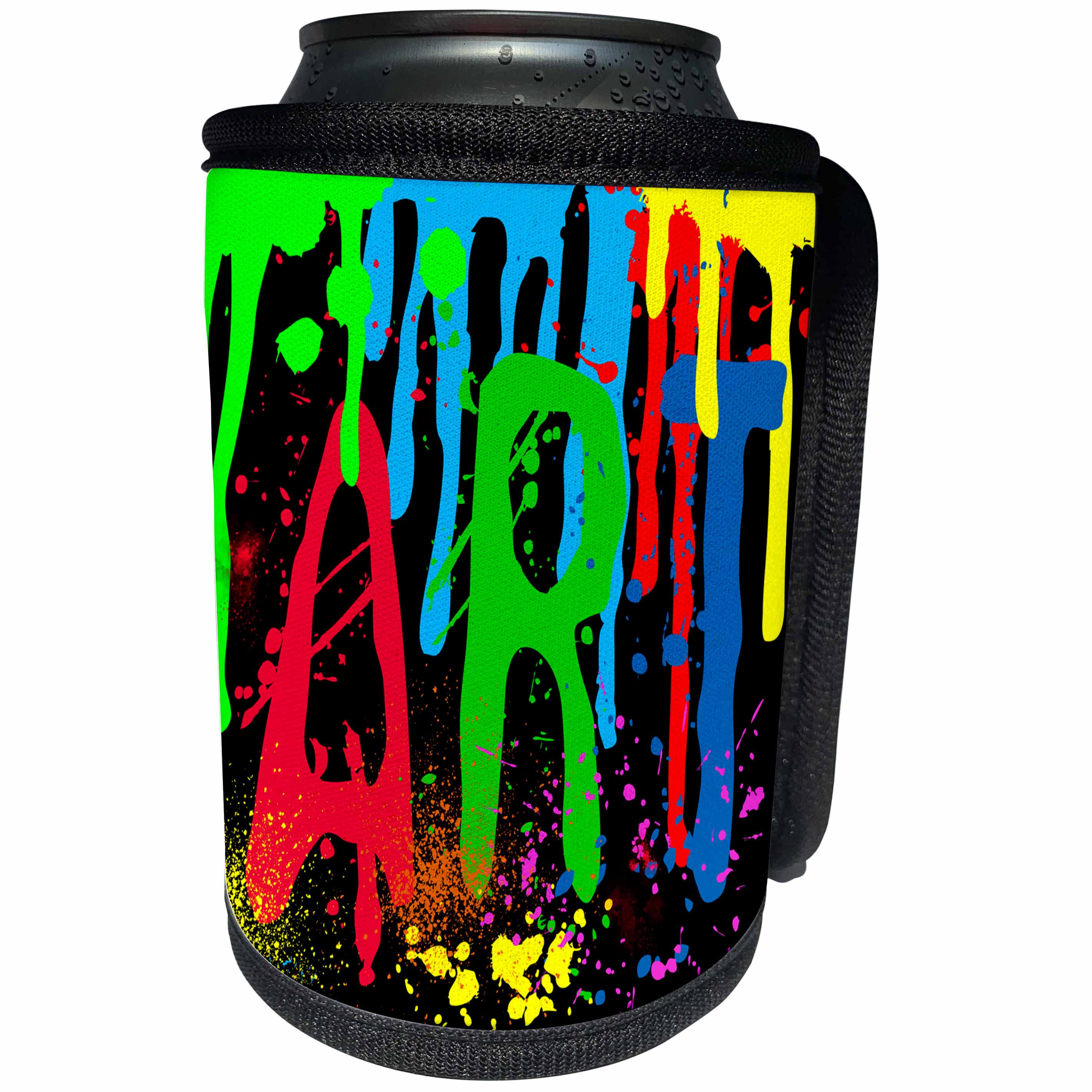 3dRose Alexis Design - Art - Cheerful design ART. Colorful text, paint streak and blots on black - Can Cooler Bottle Wrap (cc_273895)