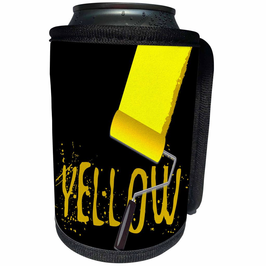 3dRose Alexis Design - Colors - Seven Colors Of Rainbow - Yellow text and paint roller on black - Can Cooler Bottle Wrap (cc_273907)