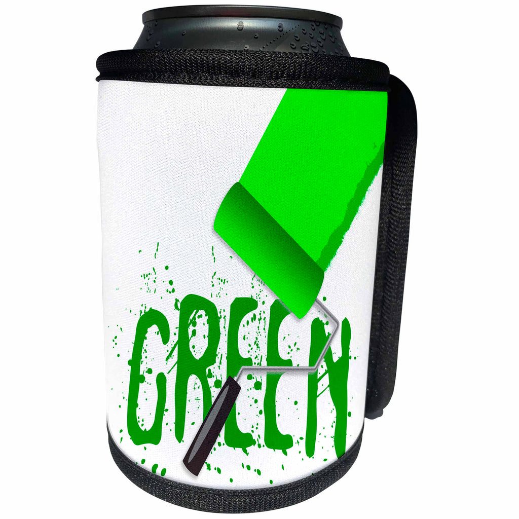 3dRose Alexis Design - Colors - Seven Colors Of Rainbow - Green text and paint roller on white - Can Cooler Bottle Wrap (cc_273909)