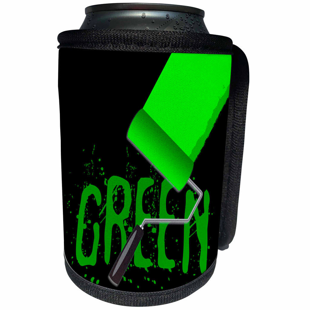 3dRose Alexis Design - Colors - Seven Colors Of Rainbow - Green text and paint roller on black - Can Cooler Bottle Wrap (cc_273911)
