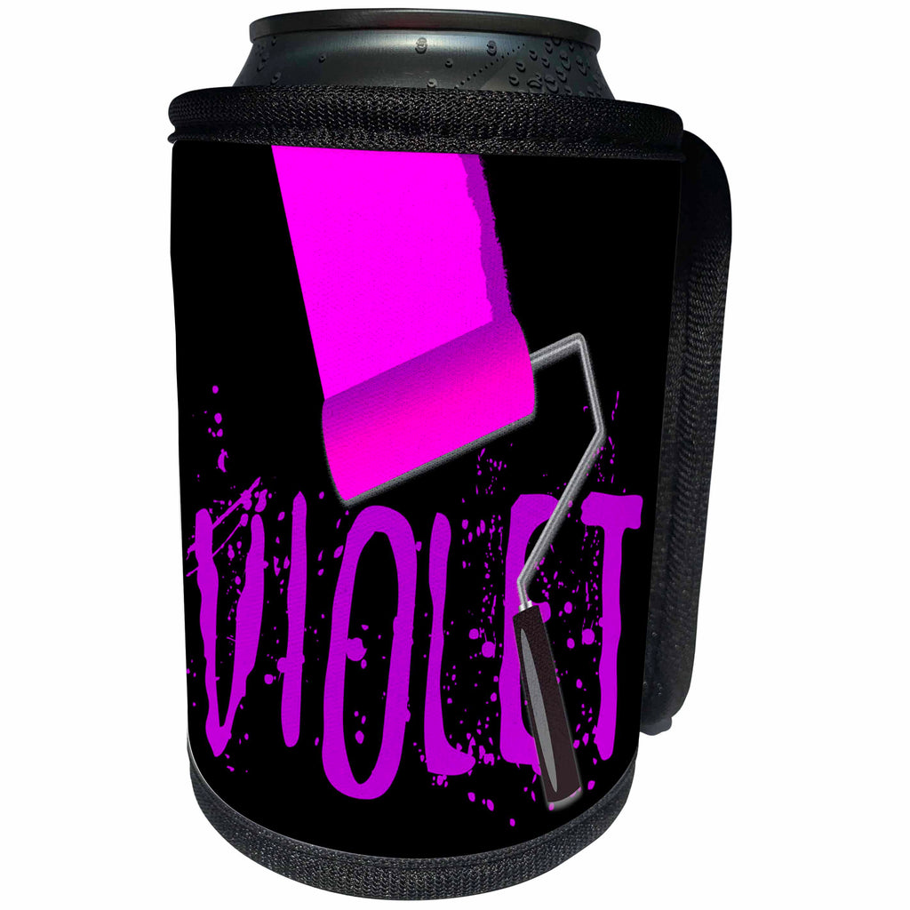 3dRose Alexis Design - Colors - Seven Colors Of Rainbow - Violet text and paint roller on black - Can Cooler Bottle Wrap (cc_273923)