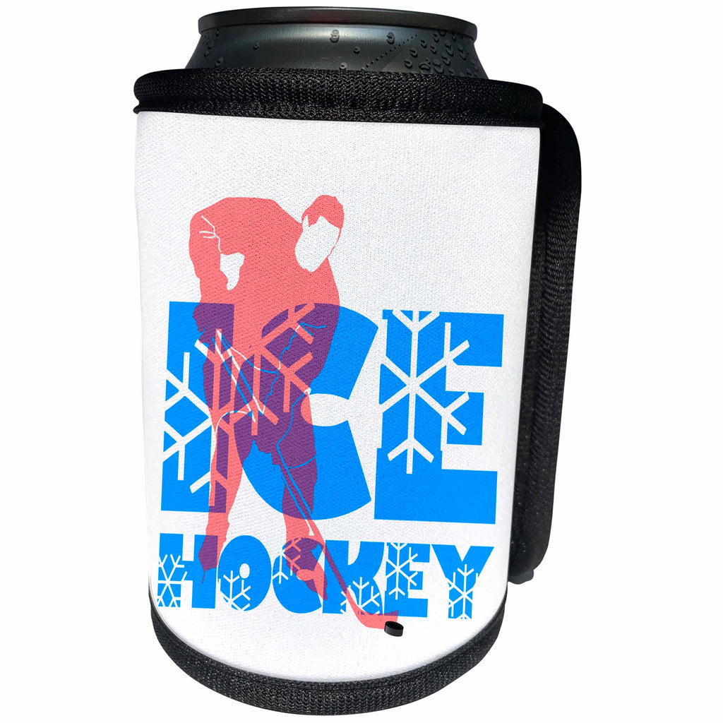 3dRose Alexis Design - Sport Ice Hockey - Decorative blue text Ice Hockey, red hockey player. Winter sport - Can Cooler Bottle Wrap (cc_273951)