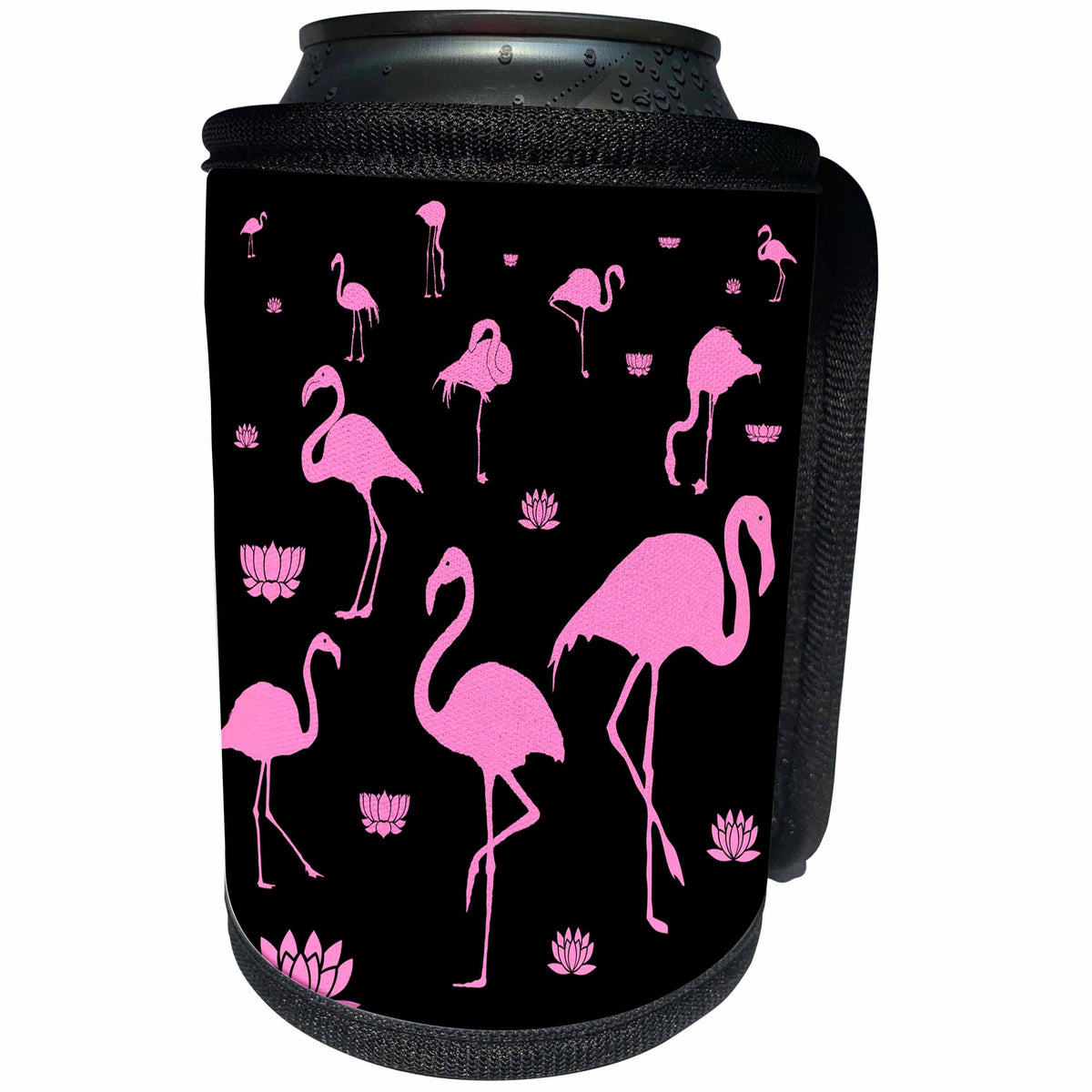 3dRose Alexis Design - Birds Flamingo - Pink flamingo bird and lotus flower silhouettes on black - Can Cooler Bottle Wrap (cc_273952)